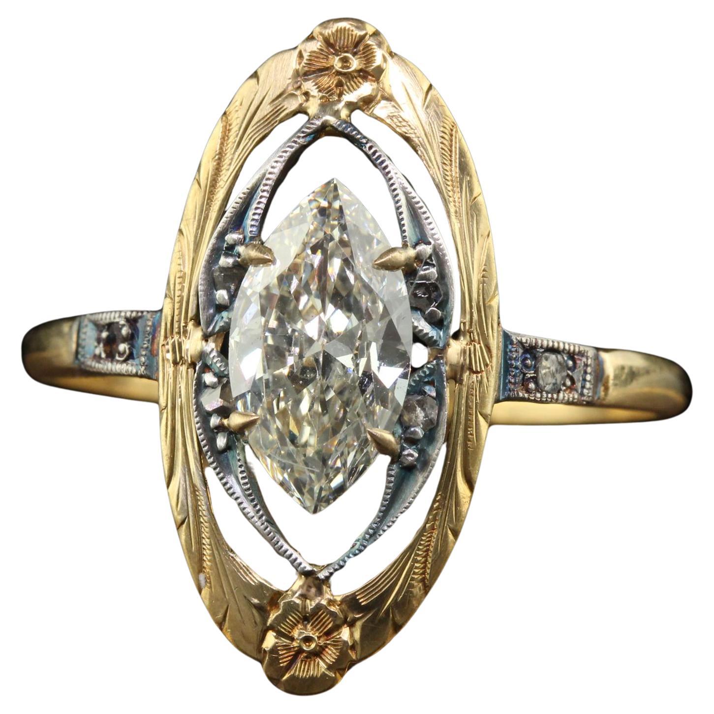 Antique Art Nouveau 18K Yellow Gold Old Cut Marquise Engagement Ring - GIA