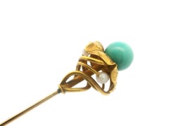 Antique Art Nouveau 18k Yellow Gold Pearl & Turquoise Flower Long Hat Pin