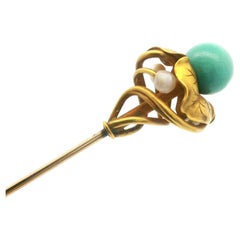 Antique Art Nouveau 18k Yellow Gold Pearl & Turquoise Flower Long Hat Pin