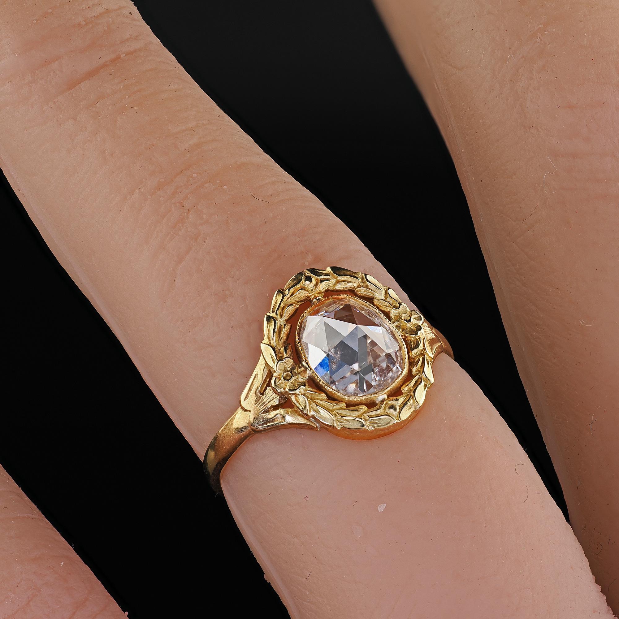 Bague de fiançailles ancienne en or jaune 18K avec diamant taillé en rose - GIA en vente 5