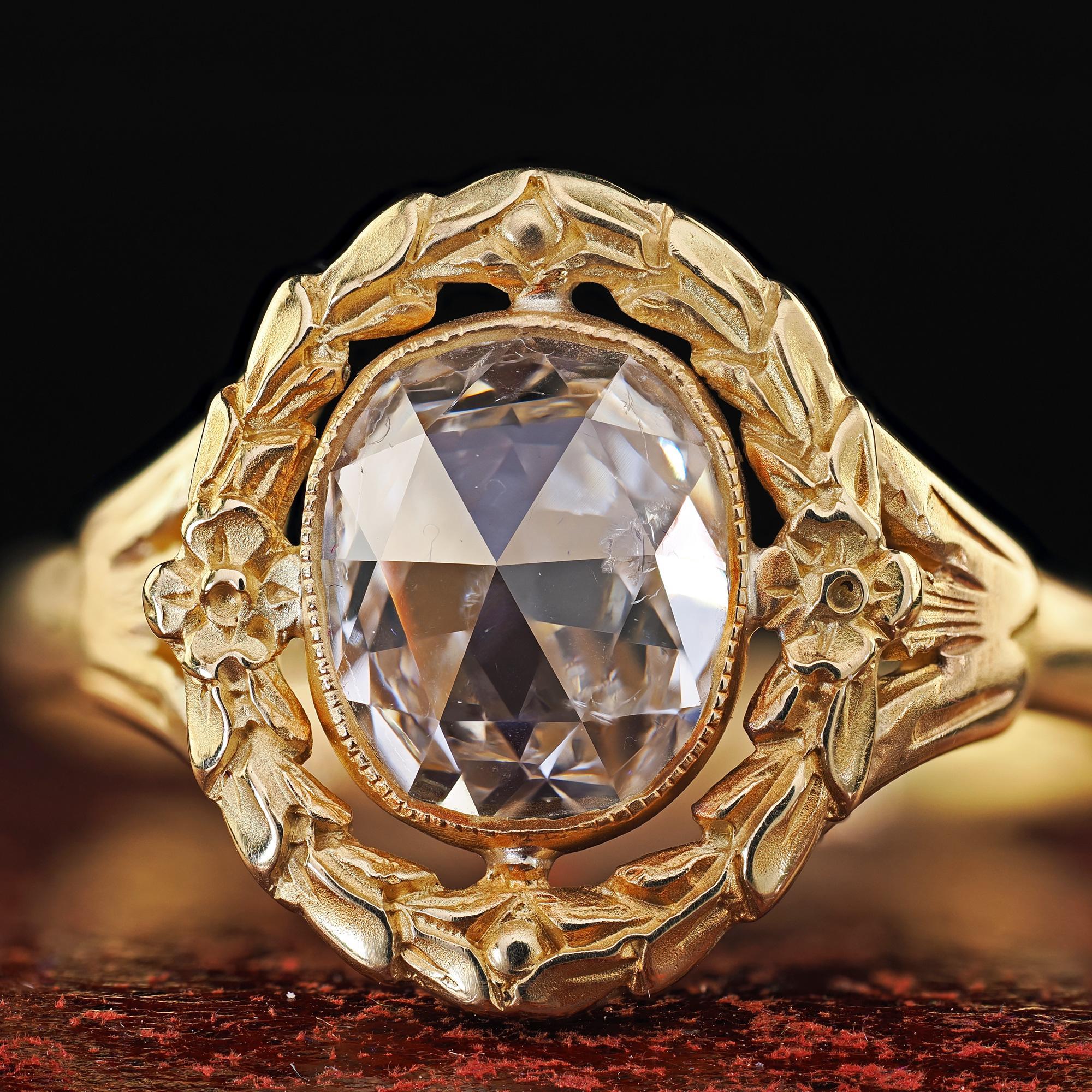 Bague de fiançailles ancienne en or jaune 18K avec diamant taillé en rose - GIA Pour femmes en vente