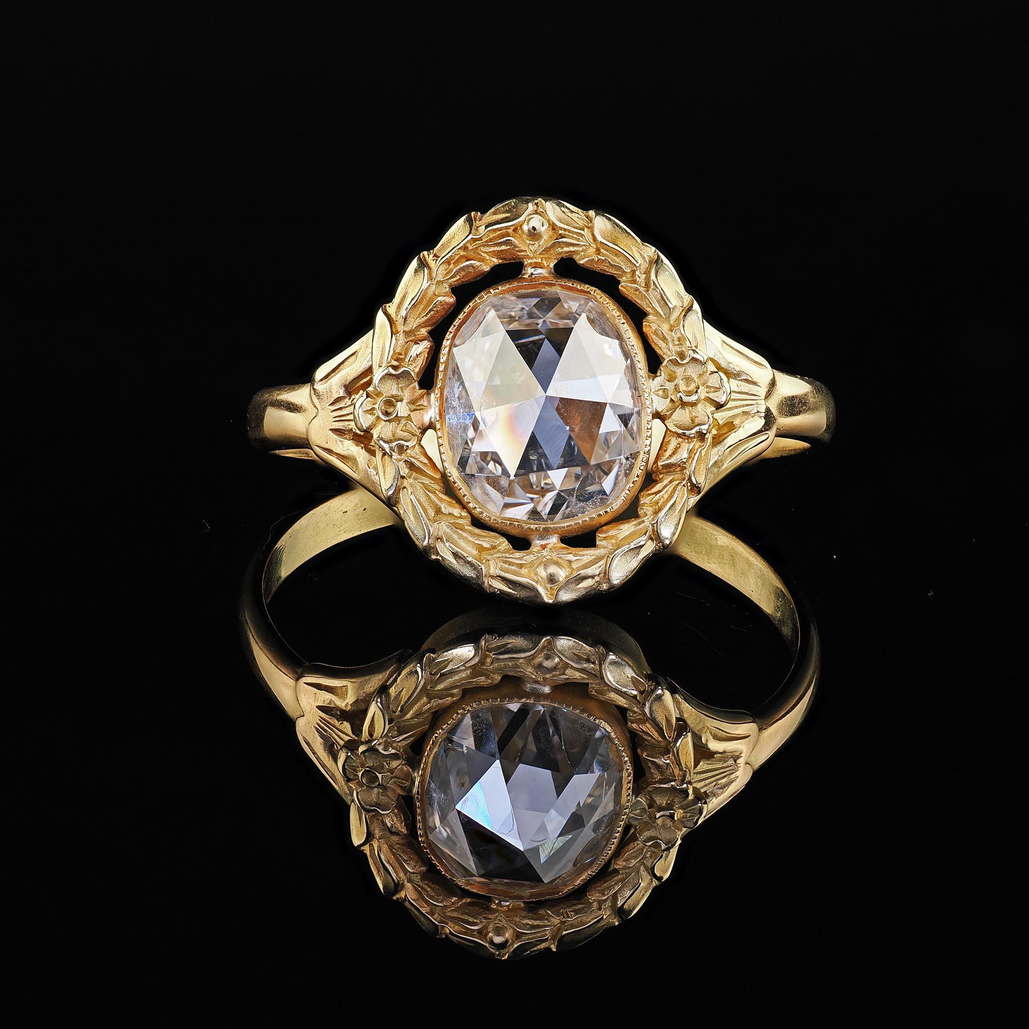 Bague de fiançailles ancienne en or jaune 18K avec diamant taillé en rose - GIA en vente 2