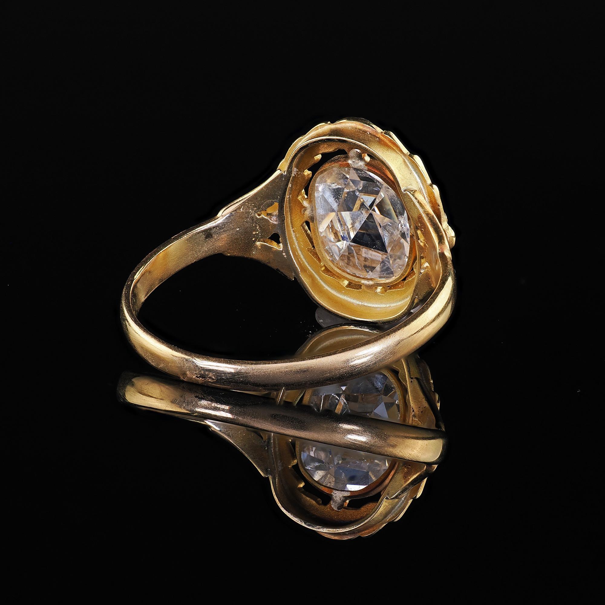 Bague de fiançailles ancienne en or jaune 18K avec diamant taillé en rose - GIA en vente 3