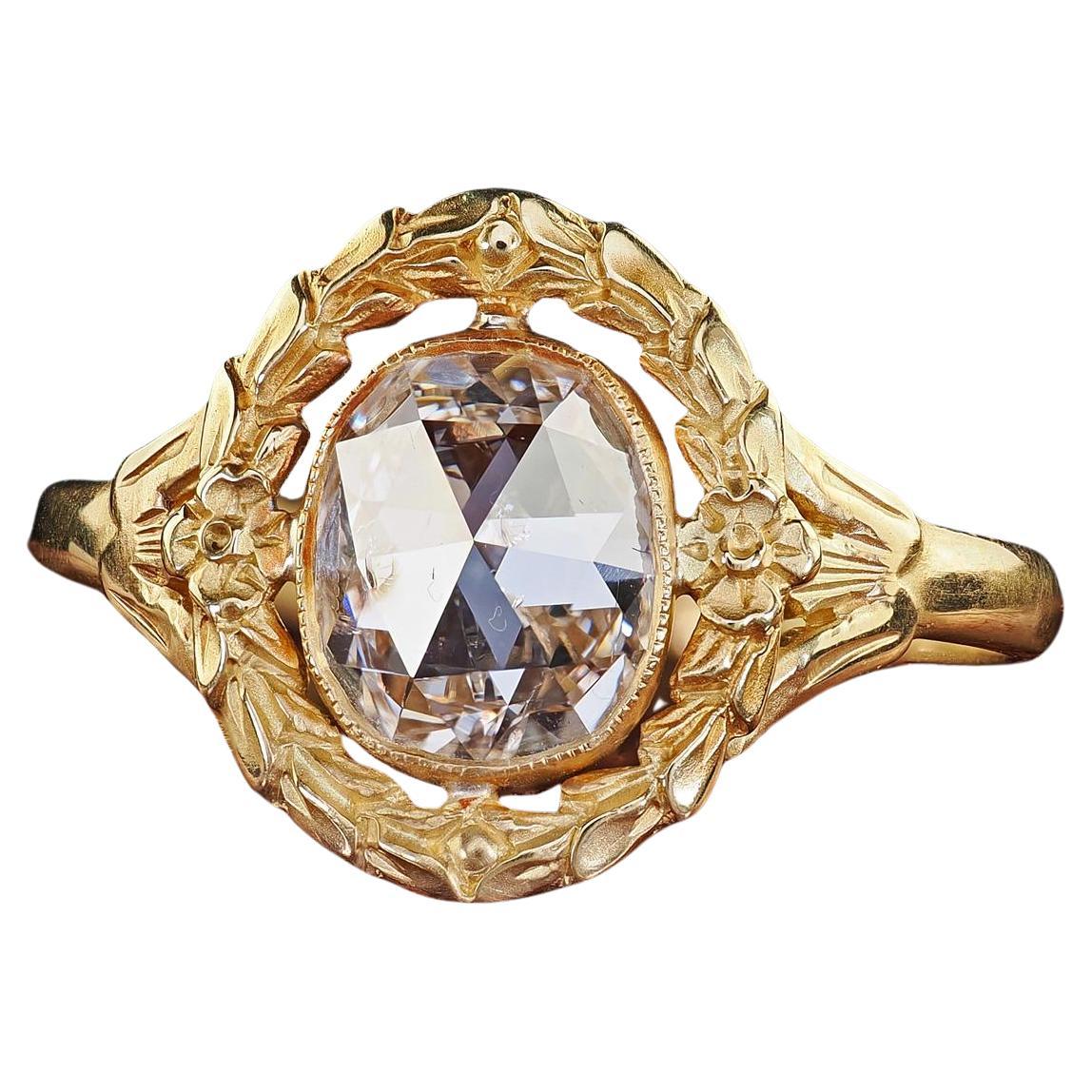 Bague de fiançailles ancienne en or jaune 18K avec diamant taillé en rose - GIA
