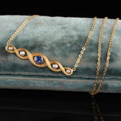 Antique Art Nouveau 18K Yellow Gold Yogo Gulch Sapphire Pearl Necklace, GIA