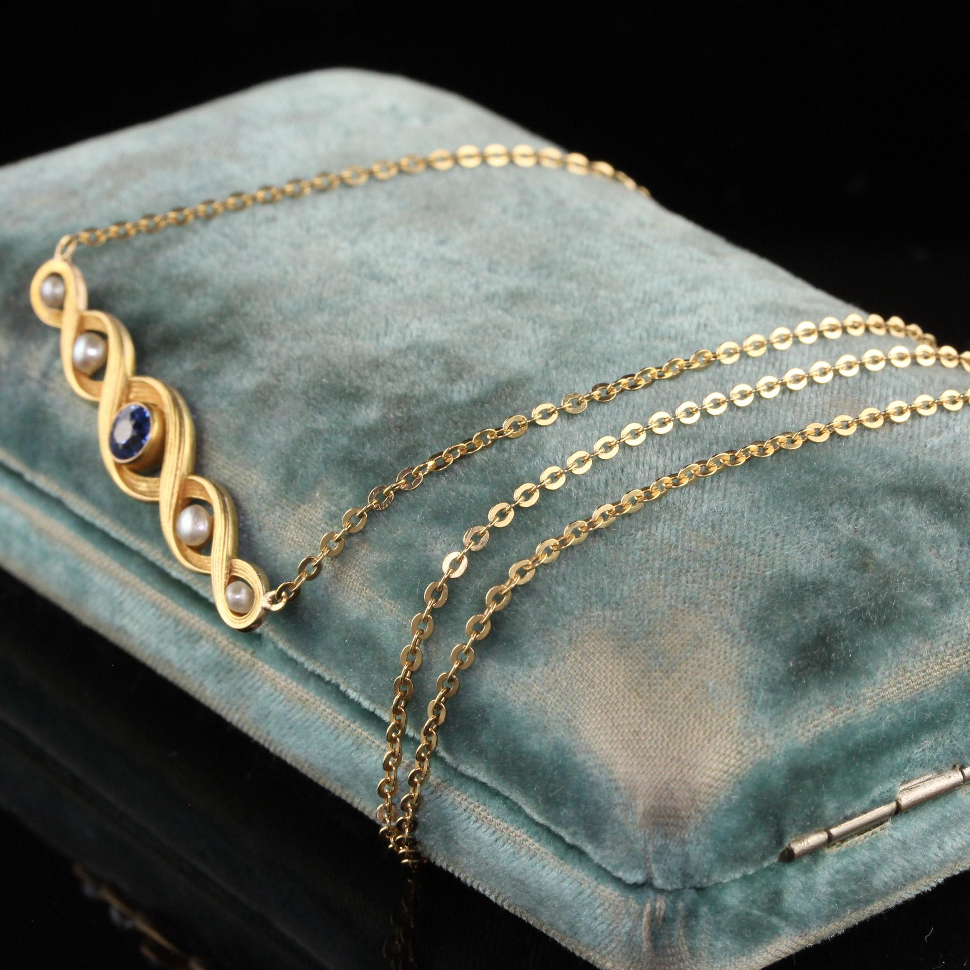 Old European Cut Antique Art Nouveau 18K Yellow Gold Yogo Gulch Sapphire Pearl Necklace, GIA