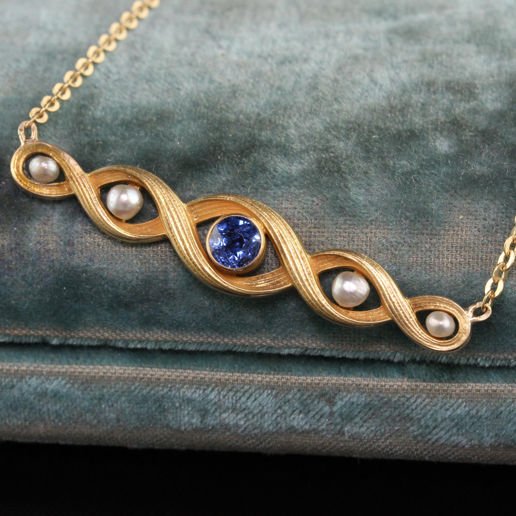 Antique Art Nouveau 18K Yellow Gold Yogo Gulch Sapphire Pearl Necklace, GIA In Good Condition In Great Neck, NY