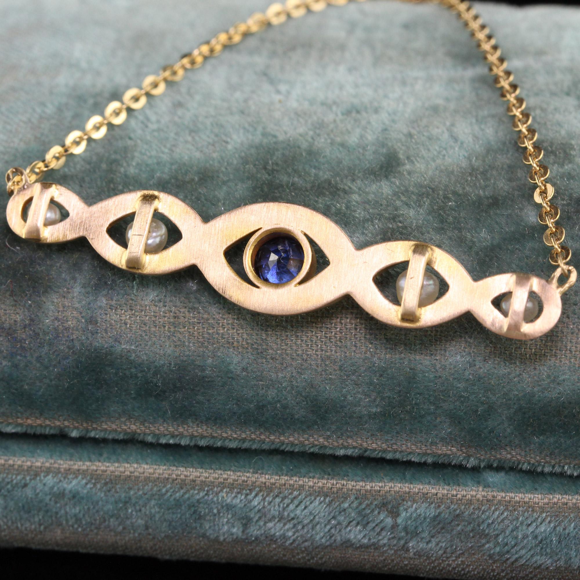 Women's Antique Art Nouveau 18K Yellow Gold Yogo Gulch Sapphire Pearl Necklace, GIA