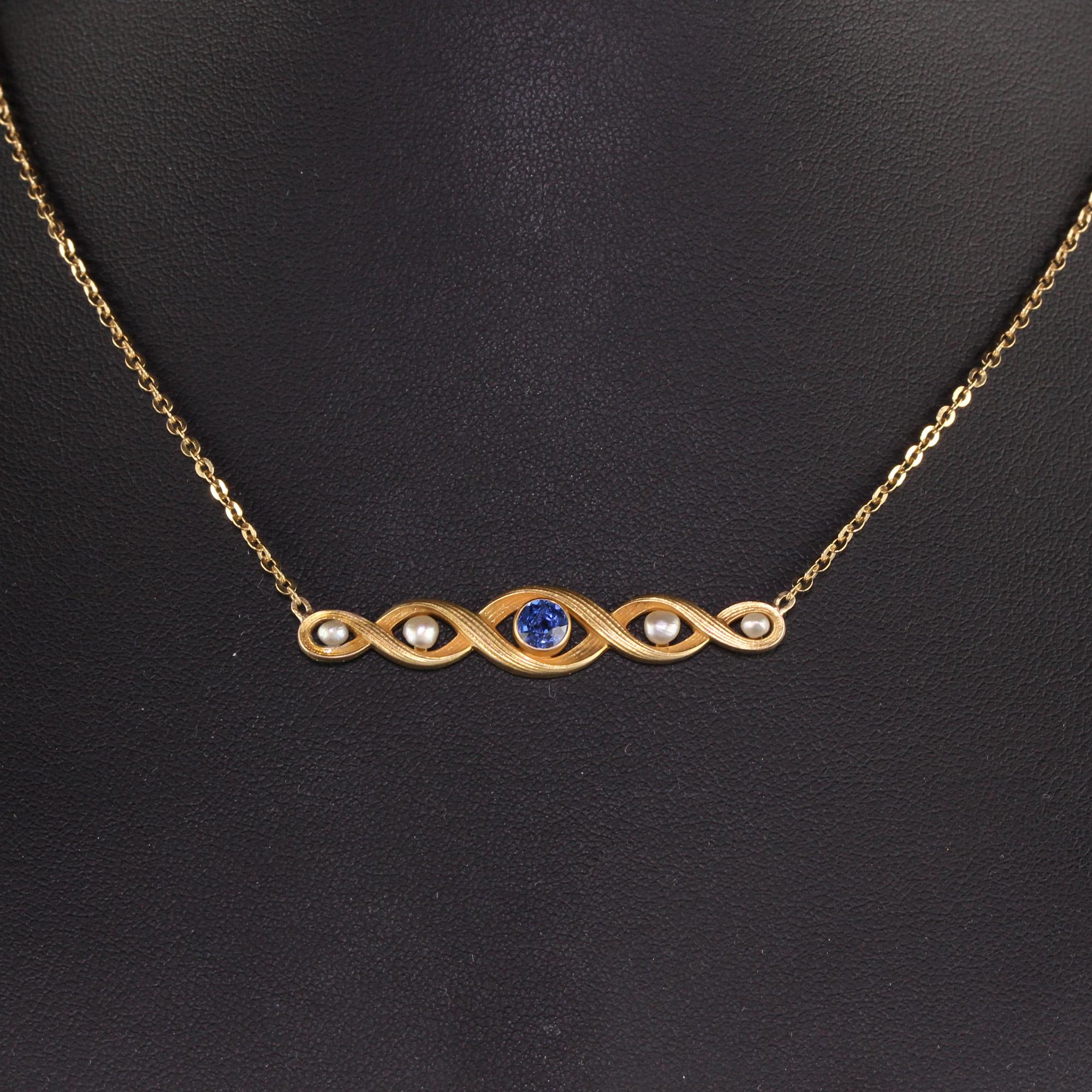 Antique Art Nouveau 18K Yellow Gold Yogo Gulch Sapphire Pearl Necklace, GIA 1