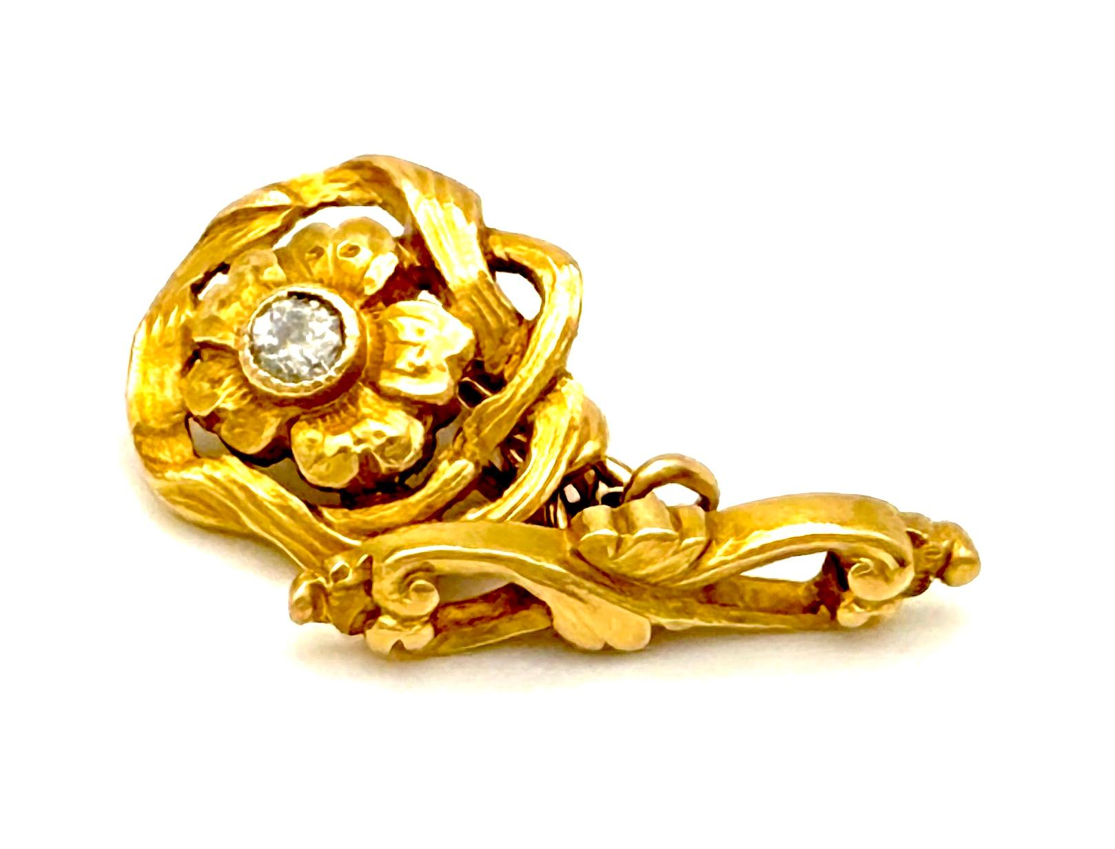 Taglio rotondo Gemelli antichi in oro 18 carati Art Nouveau Diamante Papavero Foglie di Gingko in vendita