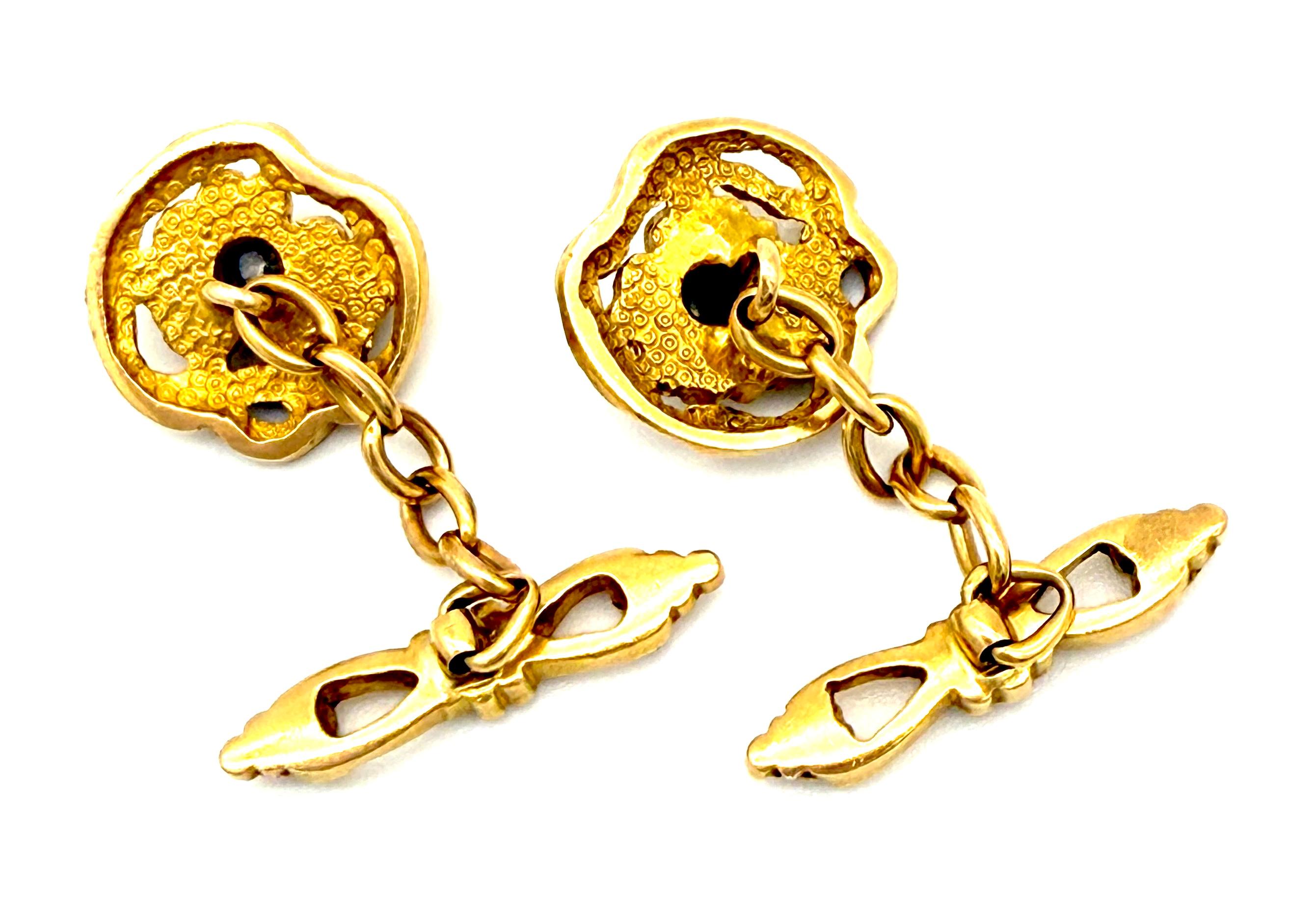 Gemelli antichi in oro 18 carati Art Nouveau Diamante Papavero Foglie di Gingko In condizioni buone in vendita a Munich, Bavaria