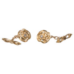 Antique Art Nouveau 18K Gold Cufflinks Diamond Poppy Gingko Leaves
