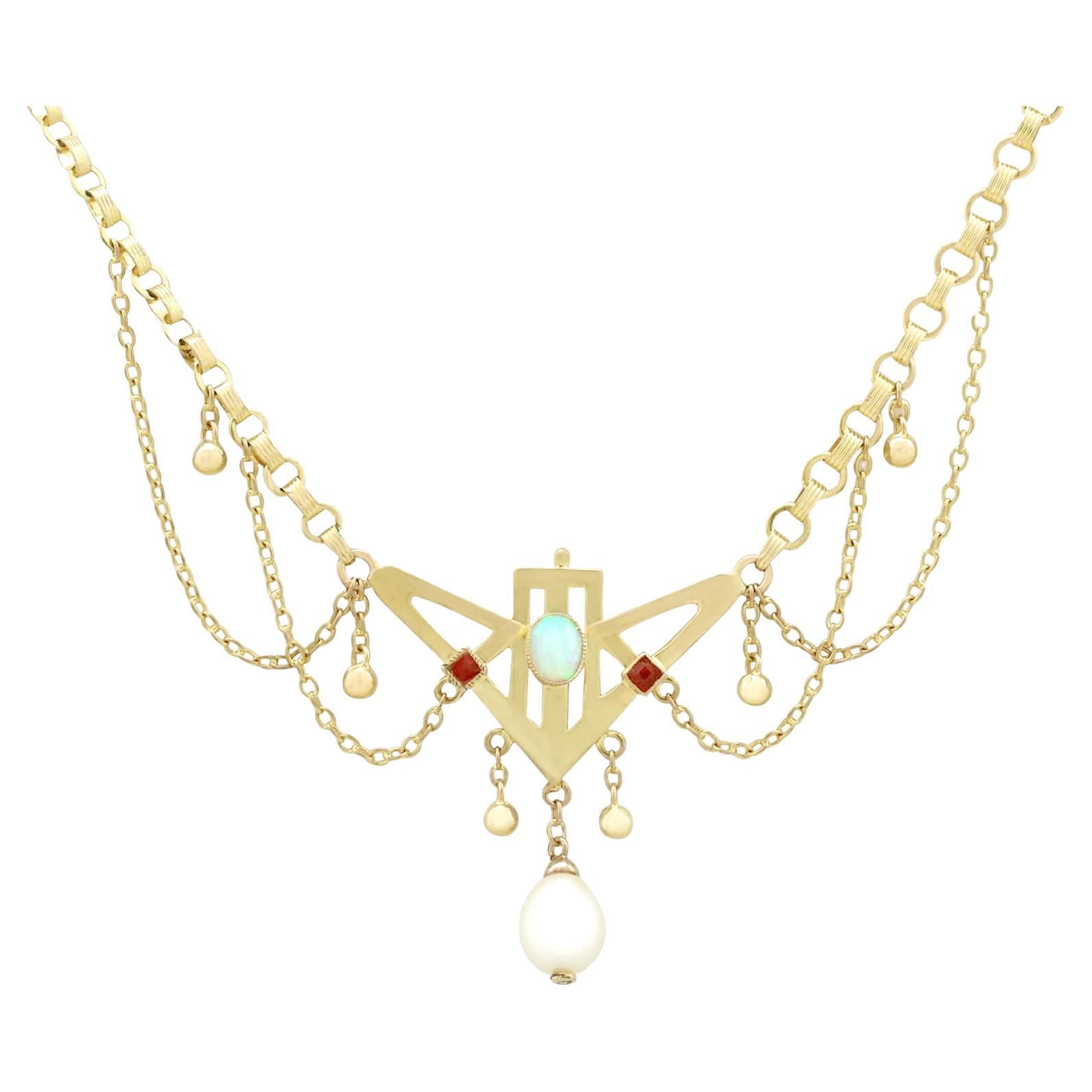 Antike Jugendstil-Halskette aus Gelbgold mit Opal und Rubin, 1900er Jahre im Angebot
