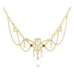 Vintage Art Nouveau 1900s Opal and Ruby Yellow Gold Necklace