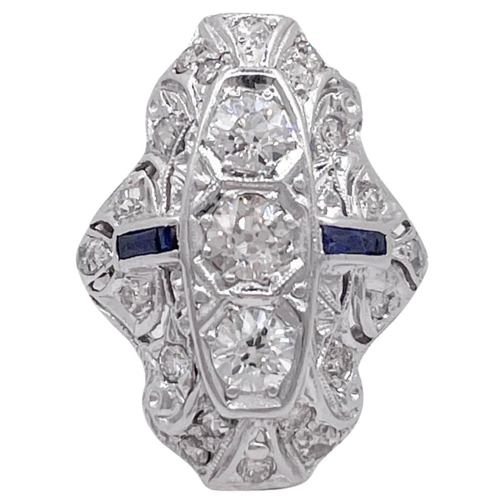 Antique Art Nouveau 1910 1.25ct Old Euro Diamond Sapphire Platinum Cocktail Ring For Sale