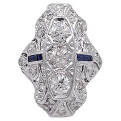Antique Art Nouveau 1910 1.25ct Old Euro Diamond Sapphire Platinum Cocktail Ring