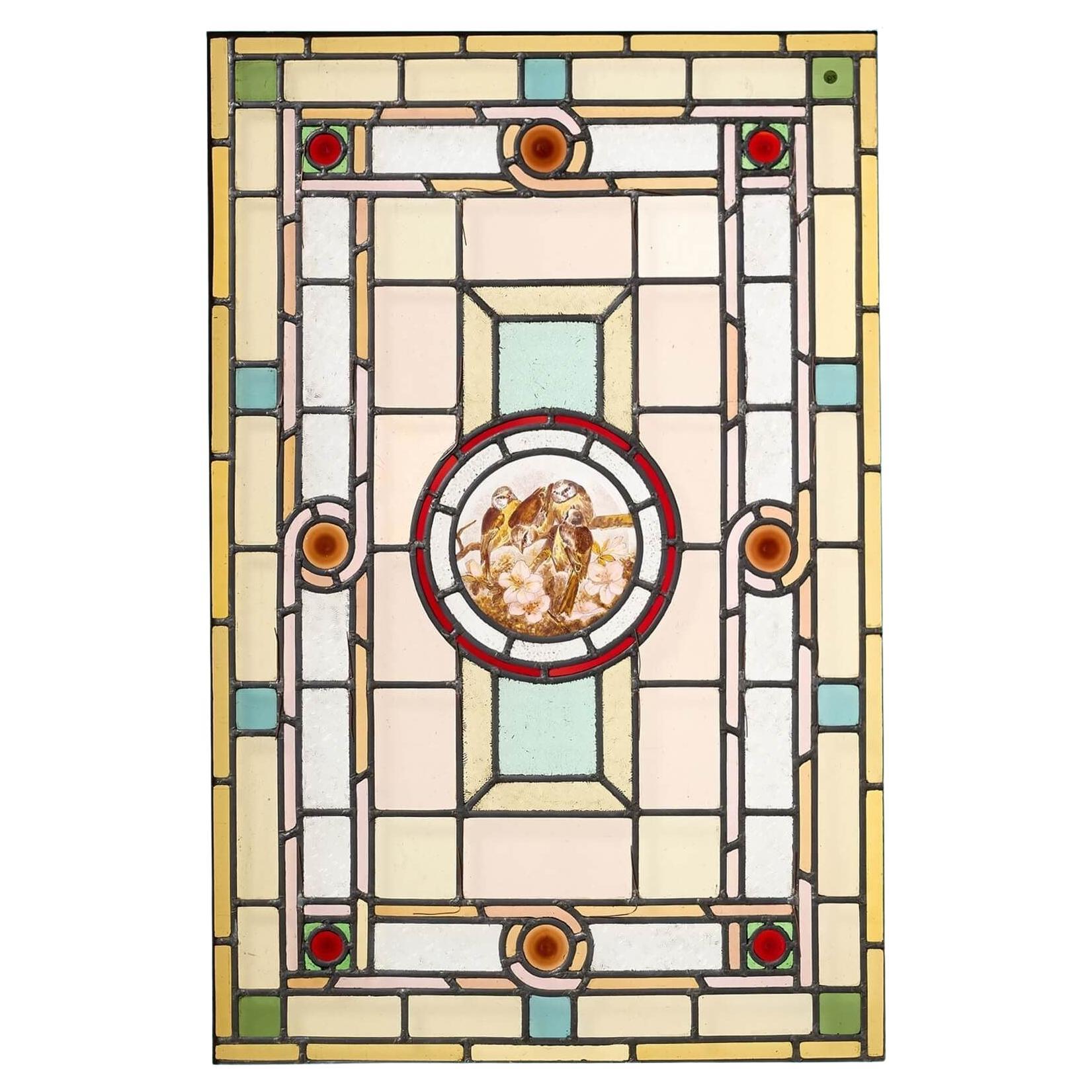 Antique Art Nouveau 19th Century Stained Glass Panel