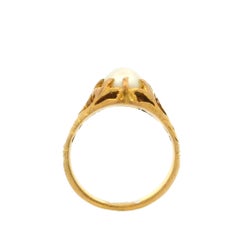 Antique Art Nouveau 20K Yellow Gold GIA Natural Pearl Open Work Solitaire Ring
