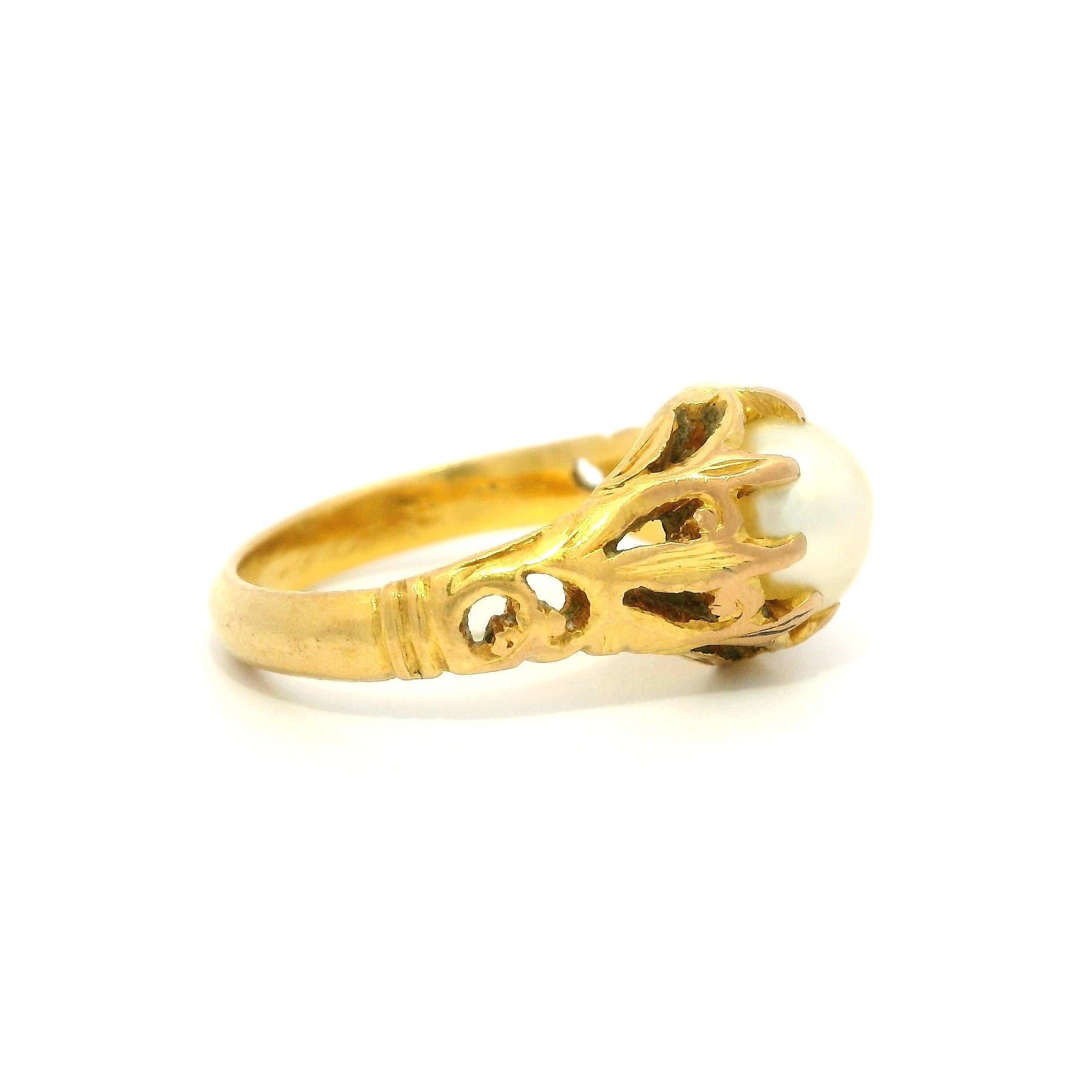 Antique Art Nouveau 20K Yellow Gold GIA Natural Pearl Open Work Solitaire Ring For Sale 4