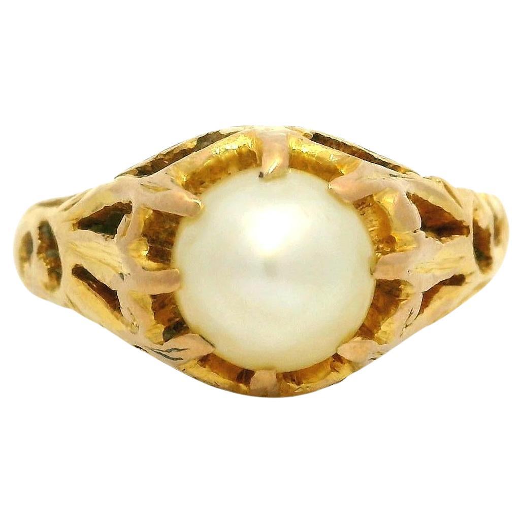 Antique Art Nouveau 20K Yellow Gold GIA Natural Pearl Open Work Solitaire Ring