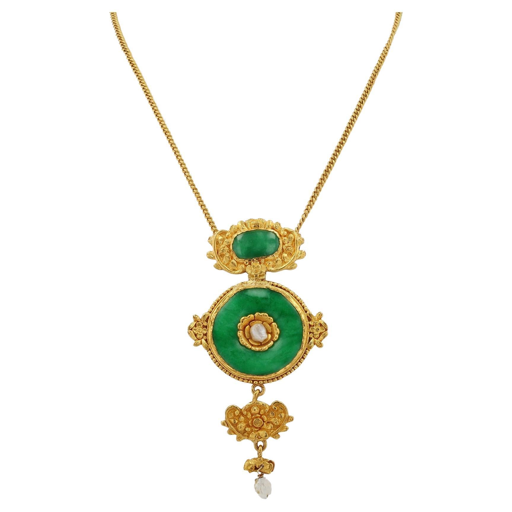 Antique Art Nouveau 24K Gold Natural Jadeite Necklace