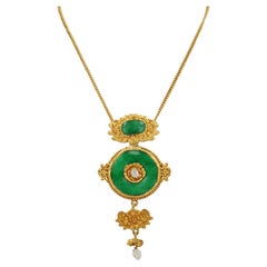 Antike Jugendstil-Halskette aus 24 Karat Gold mit natürlichem Jadeit
