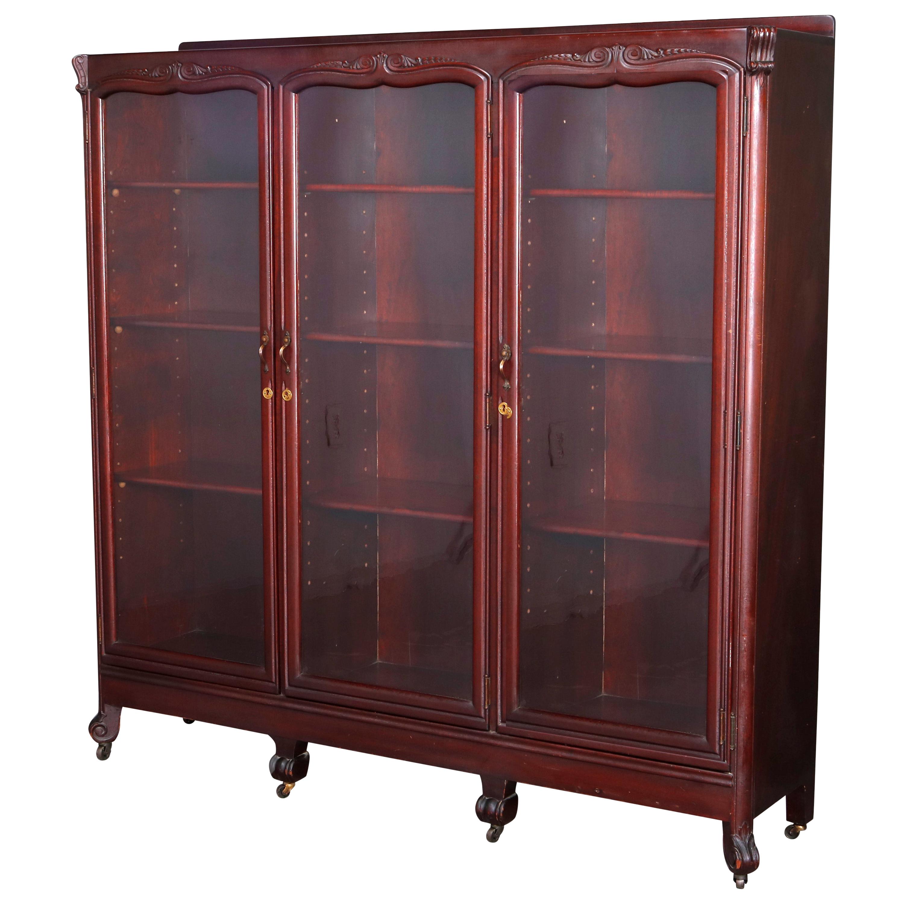Antique Art Nouveau 3-Door Carved Mahogany Bookcase, circa 1920