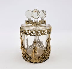 Antique Art Nouveau 3 Glass Perfume Bottle Set with Stylized Nude Female Motif