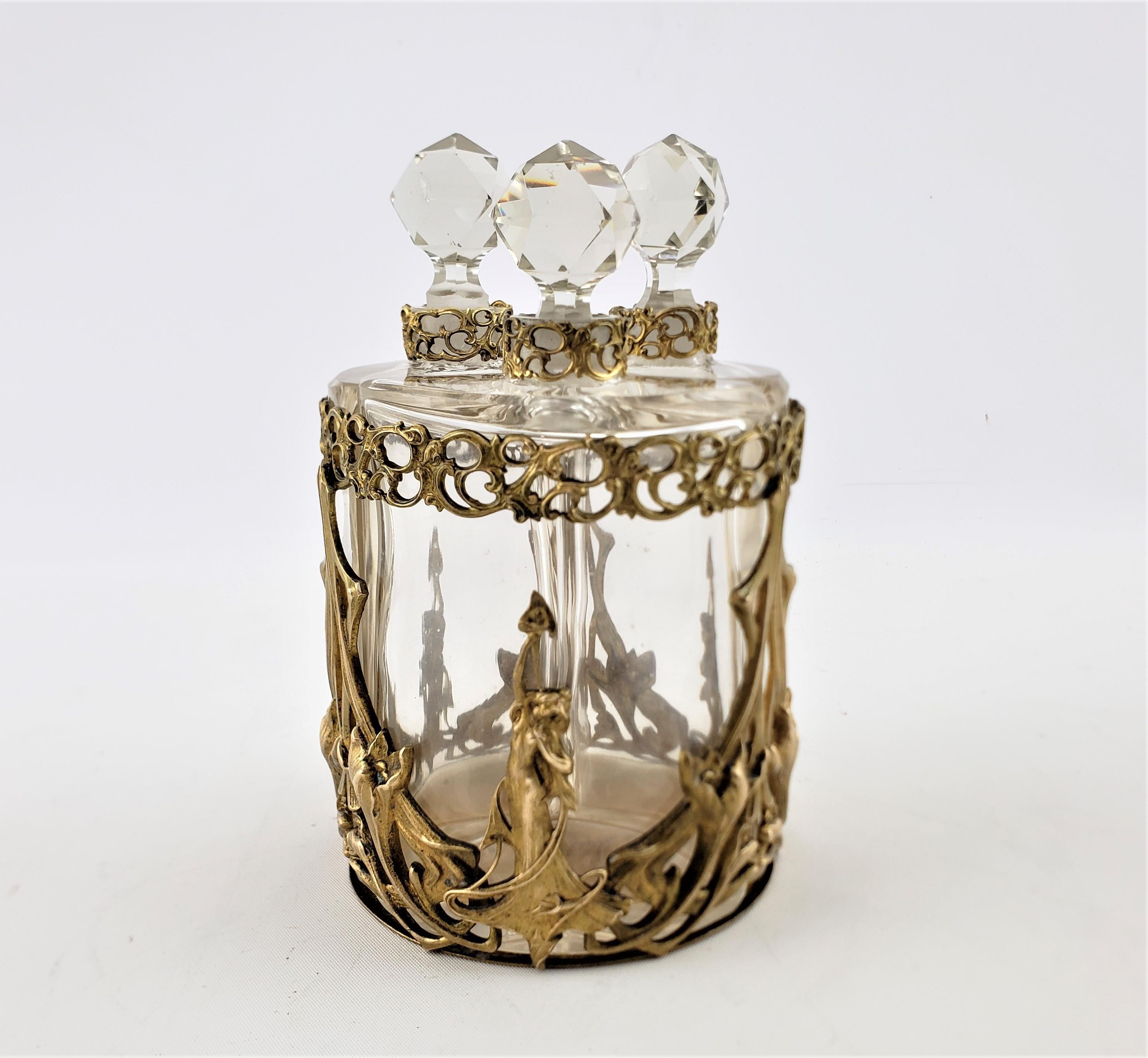 Molded Antique Art Nouveau 3 Glass Perfume Bottle Set with Stylized Nude Female Motif For Sale