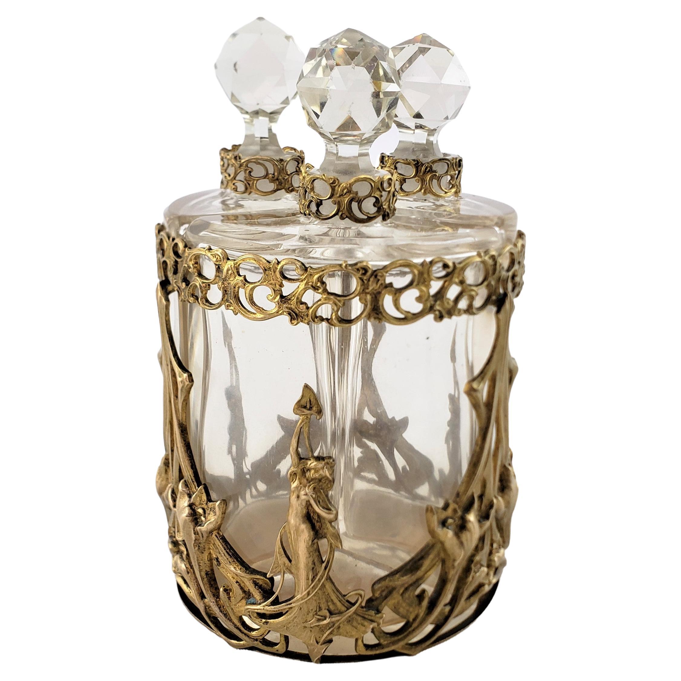 Antique Art Nouveau 3 Glass Perfume Bottle Set with Stylized Nude Female Motif For Sale