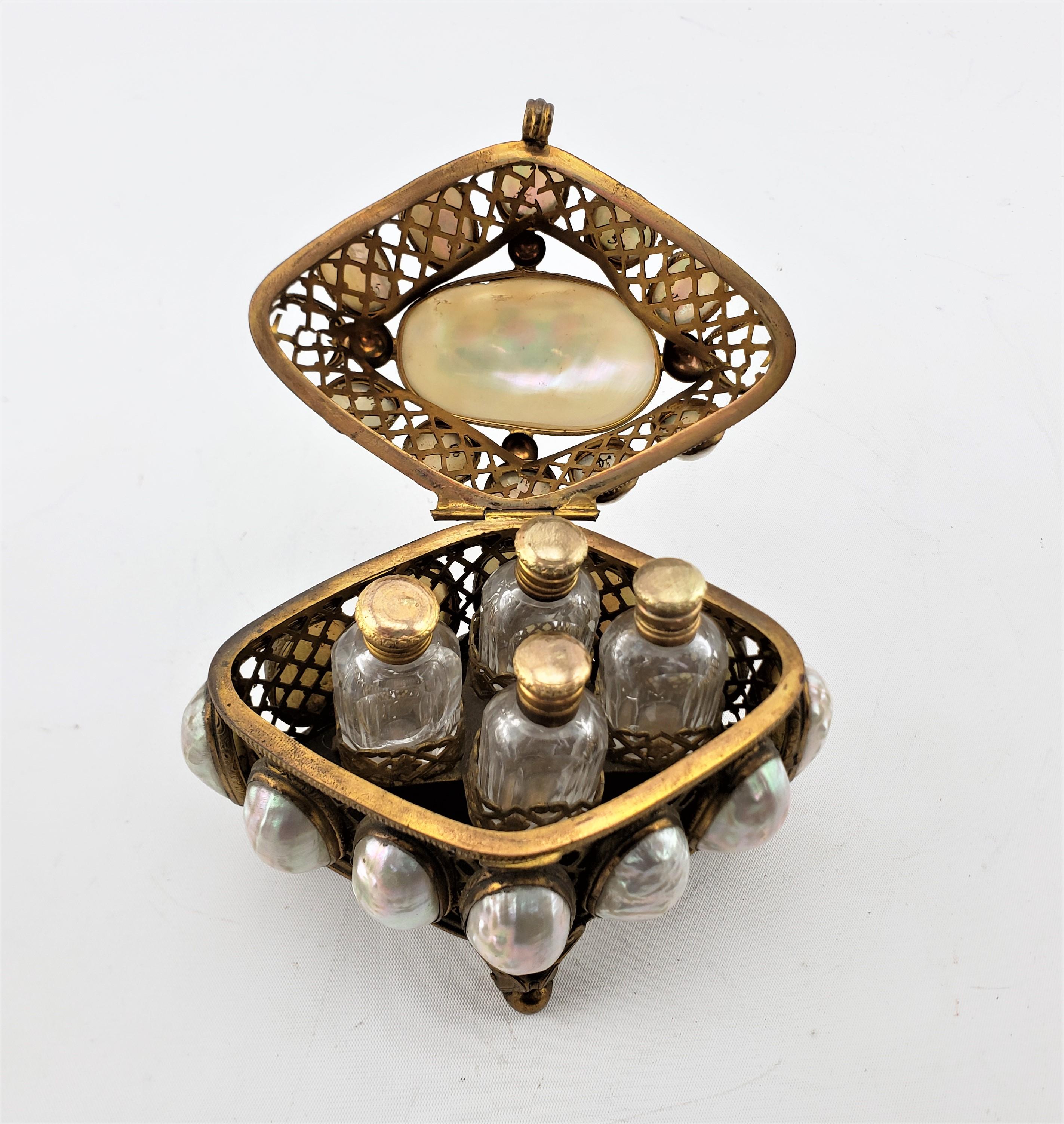 Bronze Antique Art Nouveau 3 Glass Perfume or Scent Bottle Set with Inset Shells For Sale
