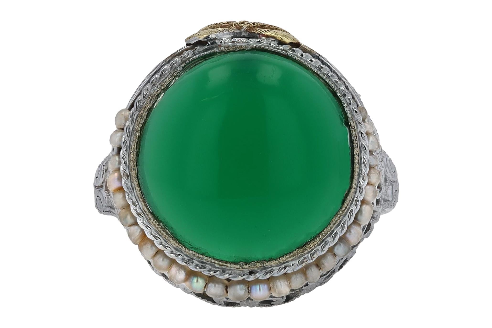 Antique Art Nouveau 4 Carat Chrysoprase Cocktail Ring In Good Condition For Sale In Santa Barbara, CA
