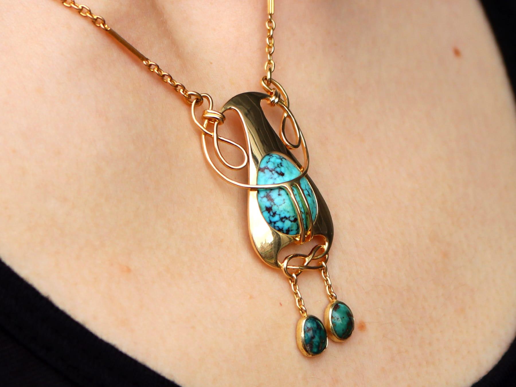 Antique Art Nouveau 4.76 Carat Turquoise and 15k Yellow Gold Pendant Circa 1900 For Sale 6