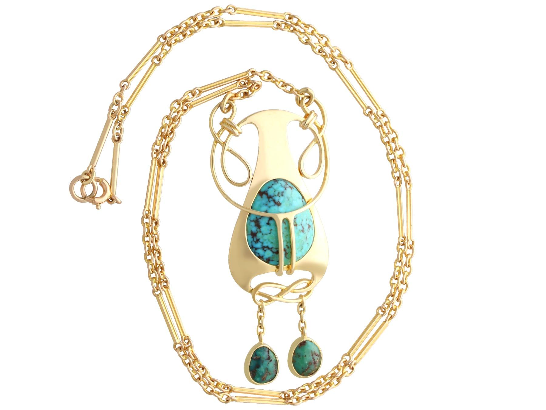 Women's or Men's Antique Art Nouveau 4.76 Carat Turquoise and 15k Yellow Gold Pendant Circa 1900 For Sale