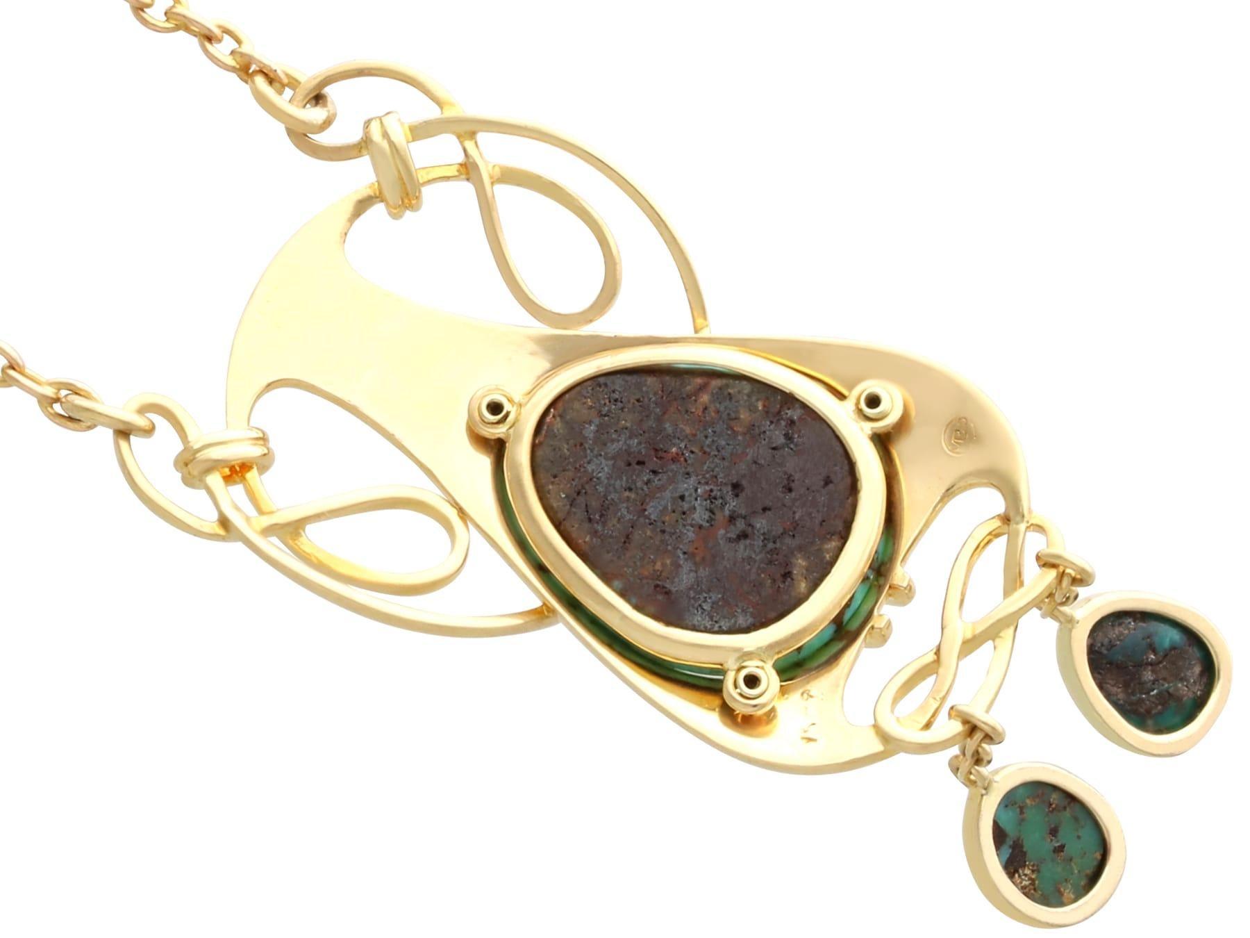 Antique Art Nouveau 4.76 Carat Turquoise and 15k Yellow Gold Pendant Circa 1900 For Sale 2