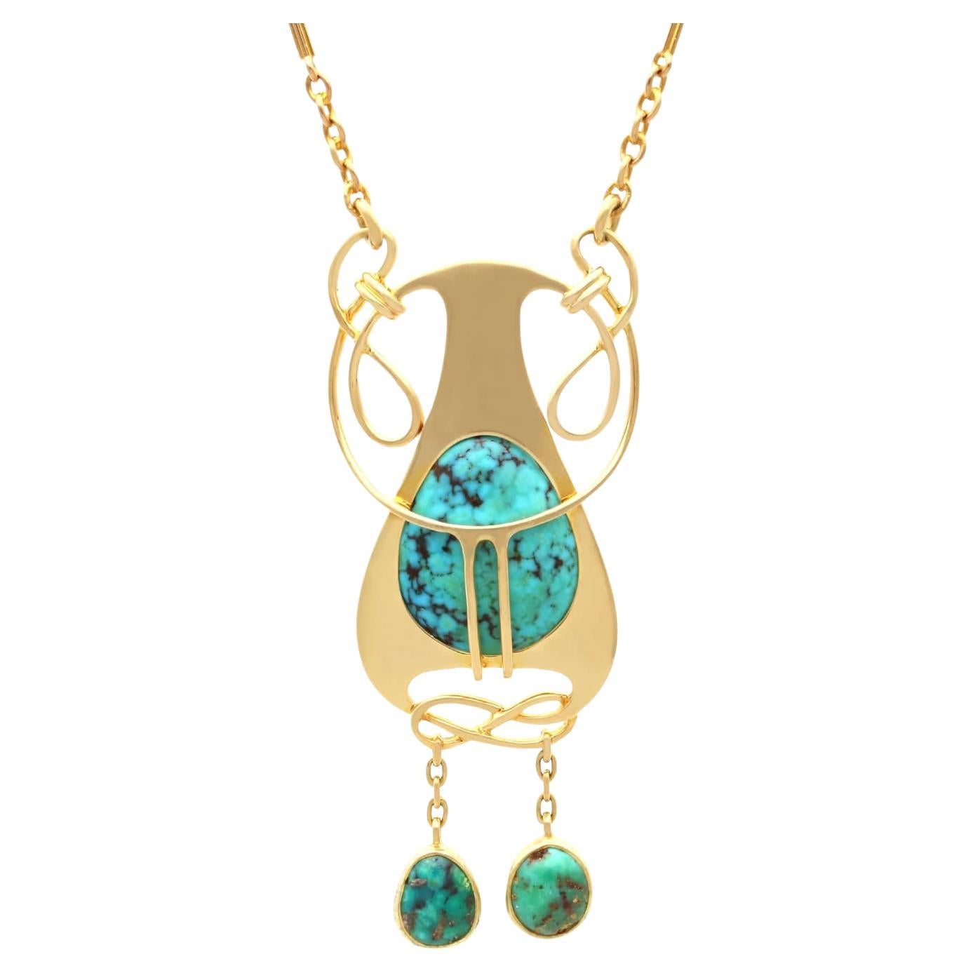 Antique Art Nouveau 4.76 Carat Turquoise and 15k Yellow Gold Pendant Circa 1900