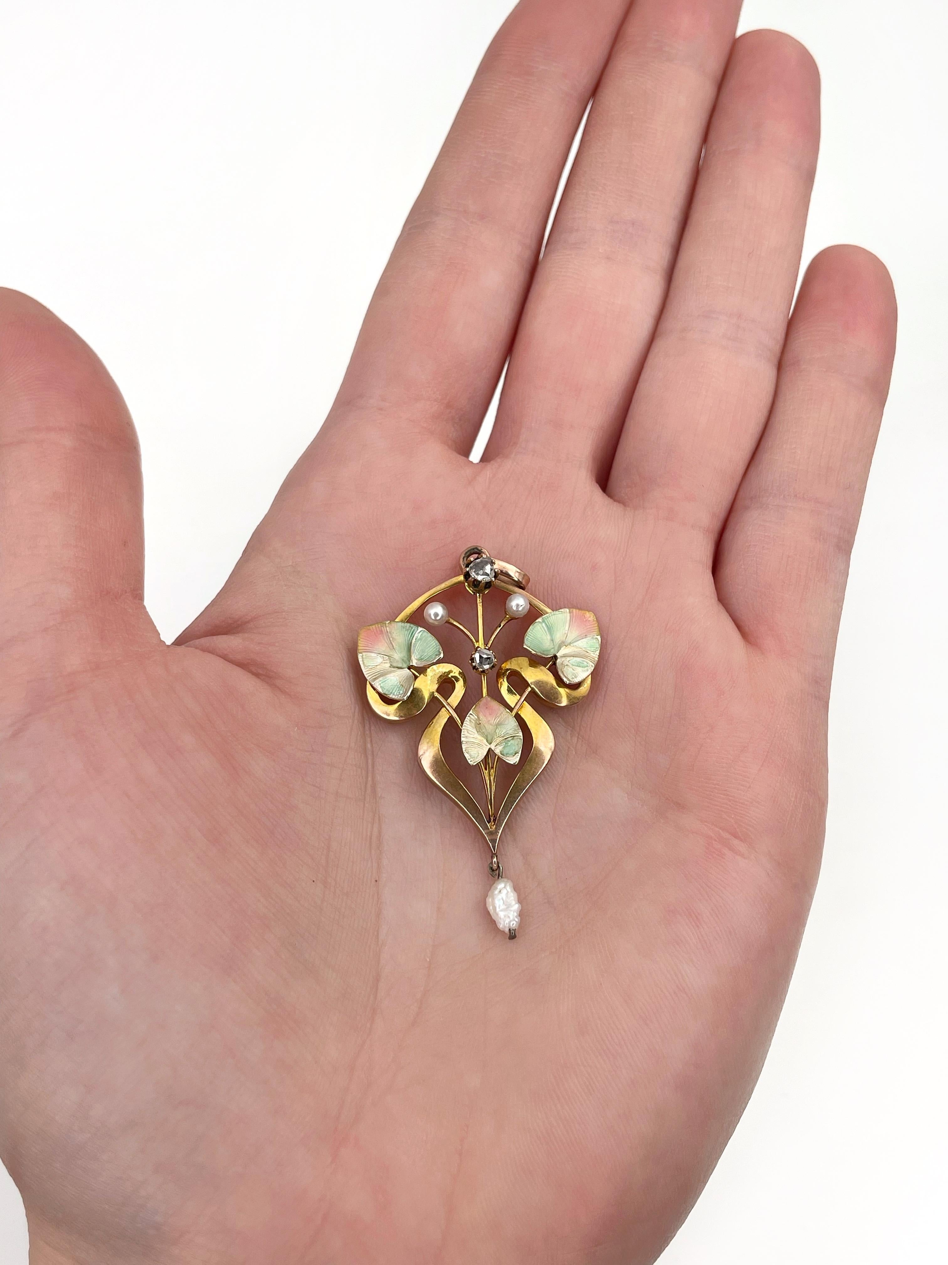 Antique Art Nouveau 9 Karat Gold Rose Cut Diamond Pearl Floral Drop Pendant In Good Condition In Vilnius, LT