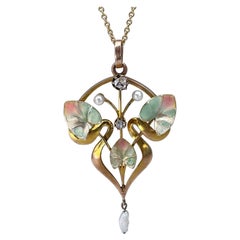 Antiker Jugendstil 9 Karat Gold Rosenschliff Diamant Perle Floral Tropfenanhänger