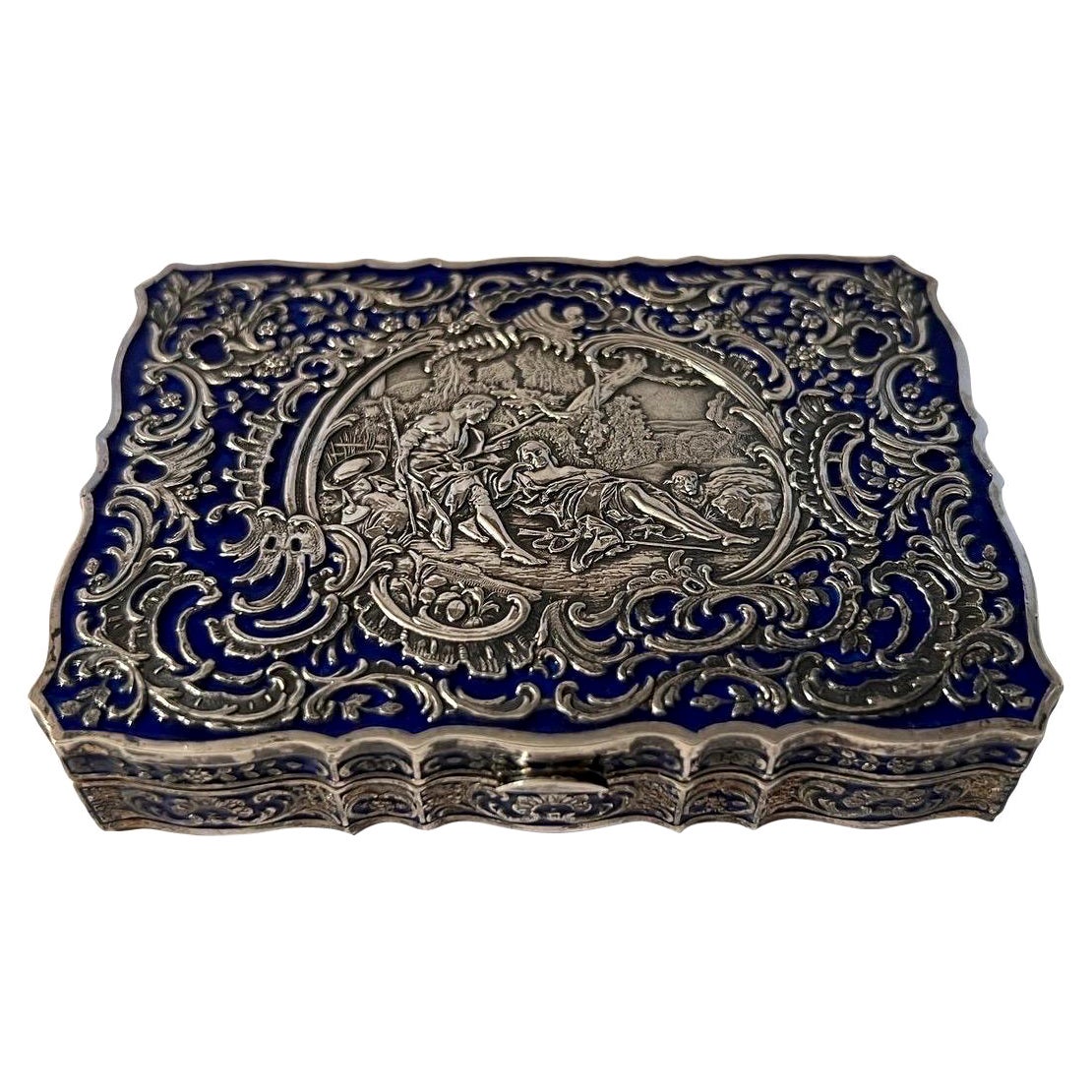 Antique Art Nouveau 985 Sterling Silver & Blue Enamel Austrian or French Compact