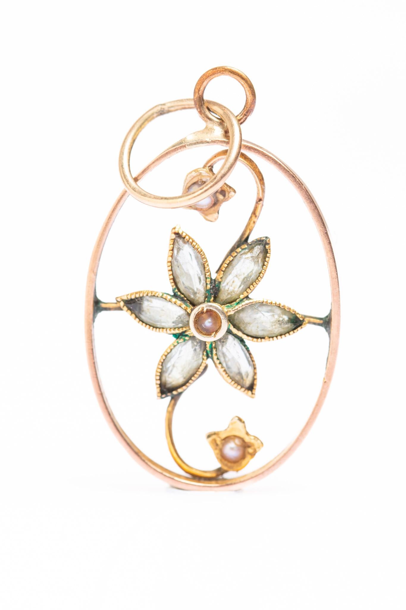 Antique Cushion Cut Antique Art Nouveau 9ct Gold Floral Pearl Pendant For Sale