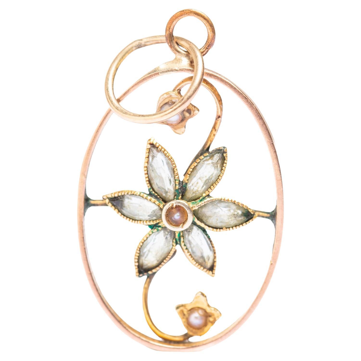 Antique Art Nouveau 9ct Gold Floral Pearl Pendant