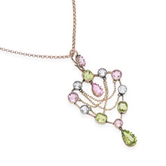 Antique Art Nouveau 9k Rose Gold Mixed Gemstone and Chain Drop Shield Necklace