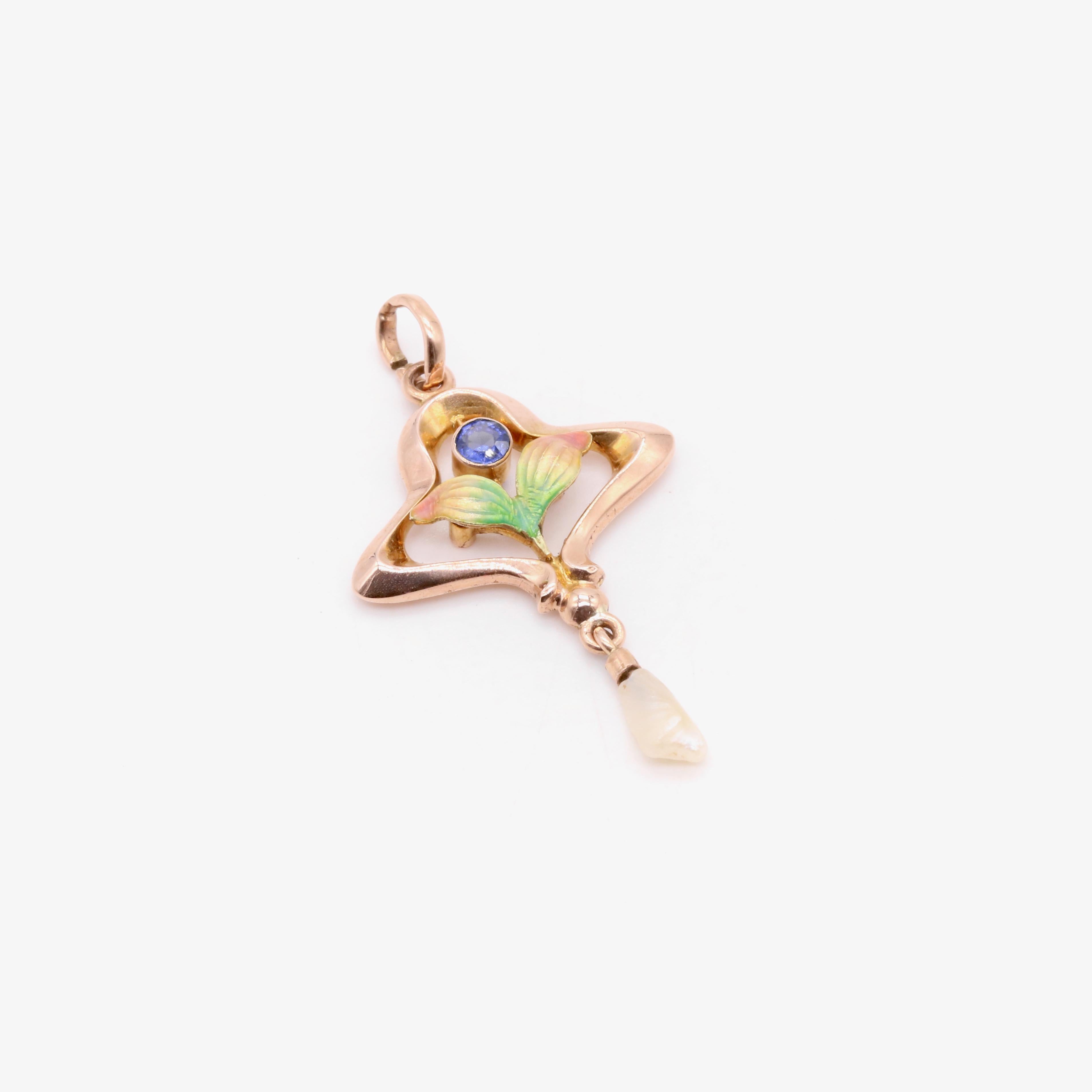 Round Cut Antique Art Nouveau 9K Yellow Gold Blue Gem, Pearl and Enamel Floral Pendant For Sale