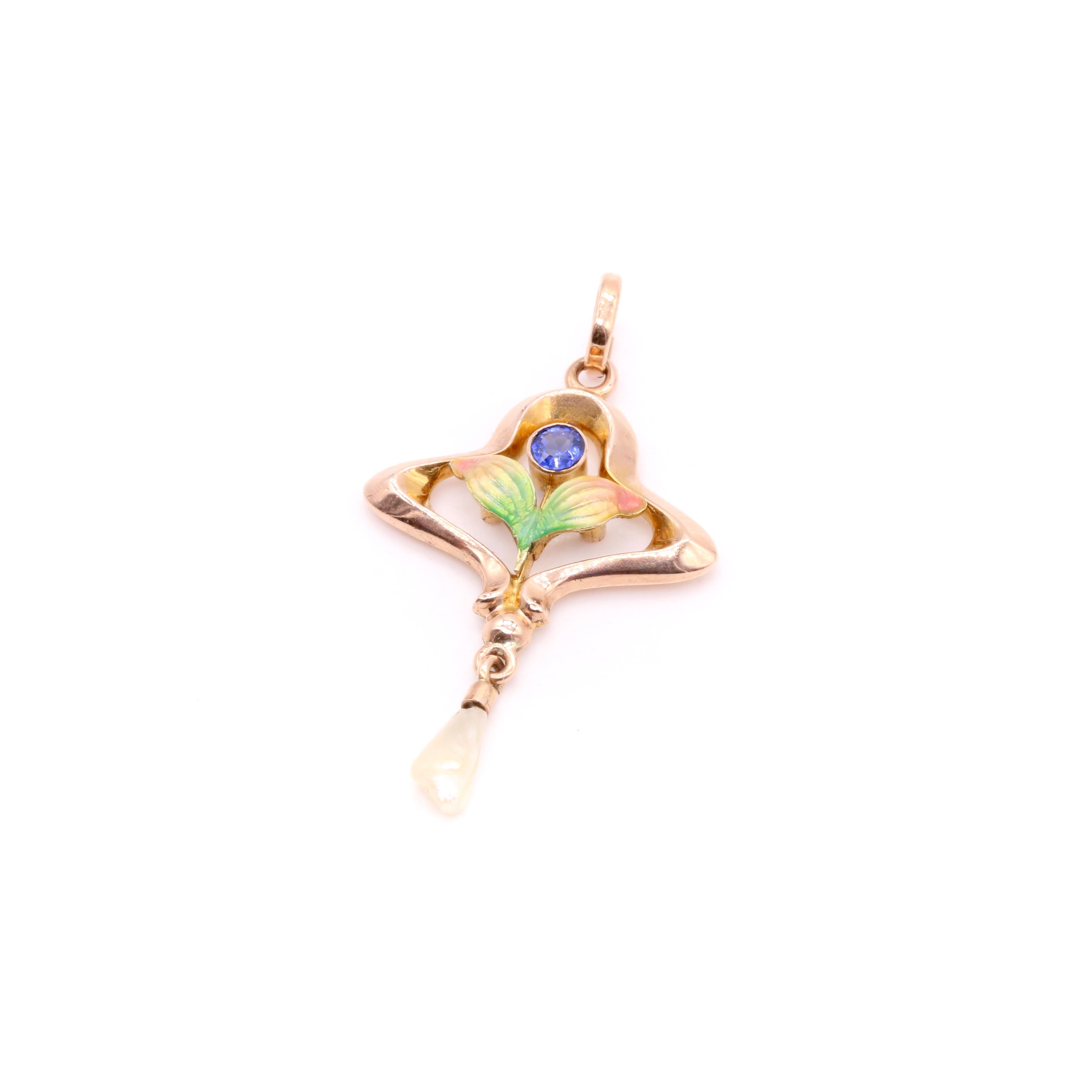 Antique Art Nouveau 9K Yellow Gold Blue Gem, Pearl and Enamel Floral Pendant In Good Condition For Sale In Staines-Upon-Thames, GB