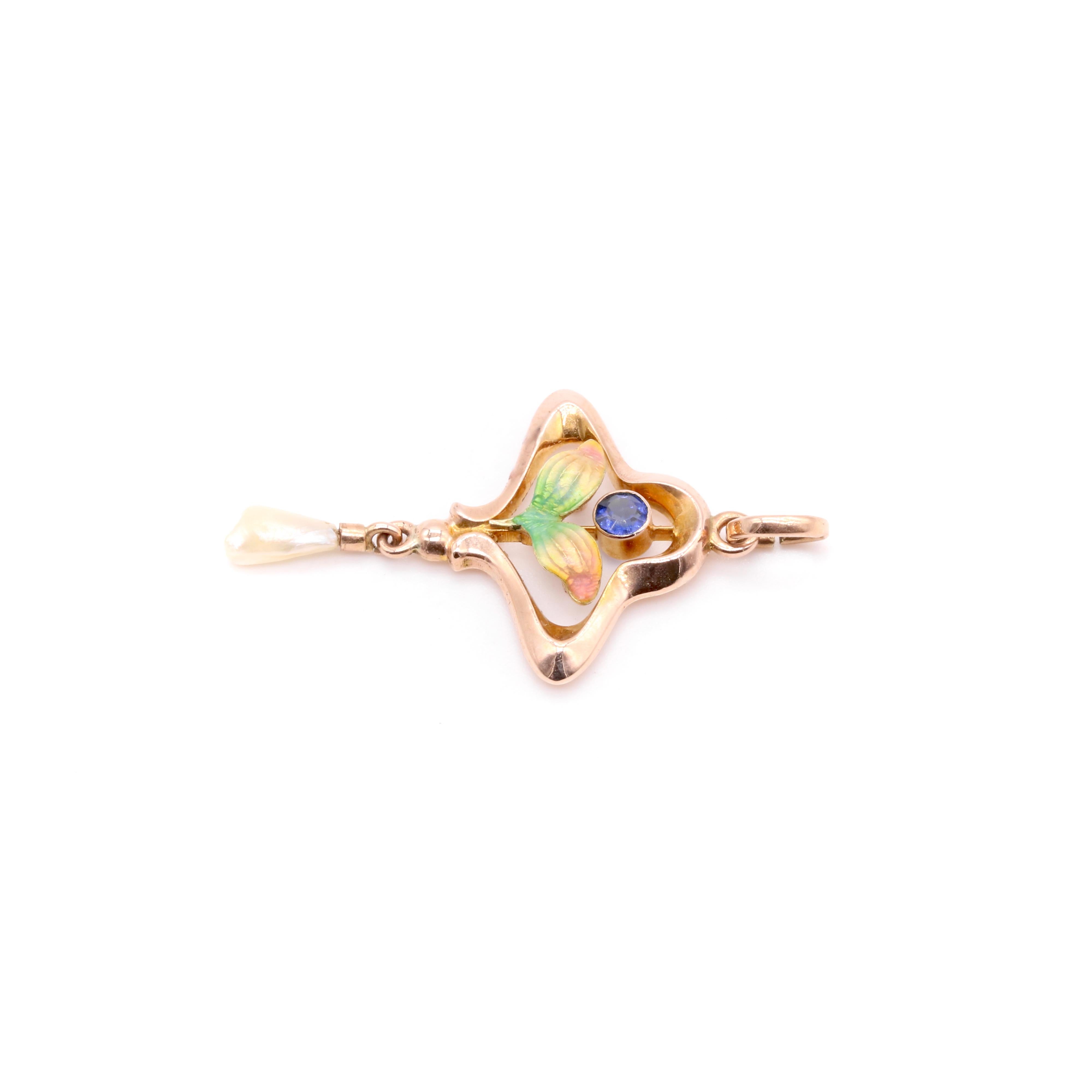 Women's or Men's Antique Art Nouveau 9K Yellow Gold Blue Gem, Pearl and Enamel Floral Pendant For Sale