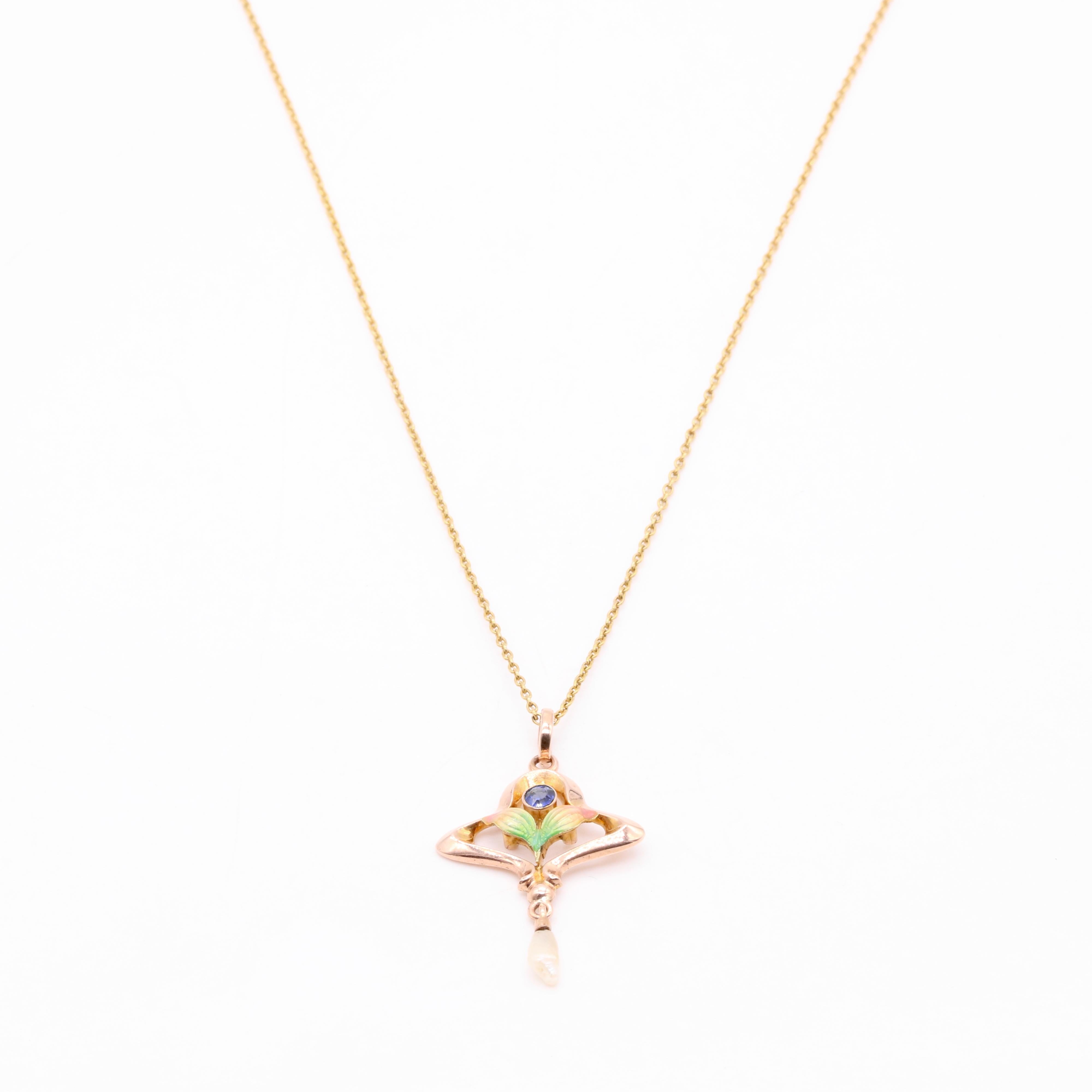 Antique Art Nouveau 9K Yellow Gold Blue Gem, Pearl and Enamel Floral Pendant For Sale 2