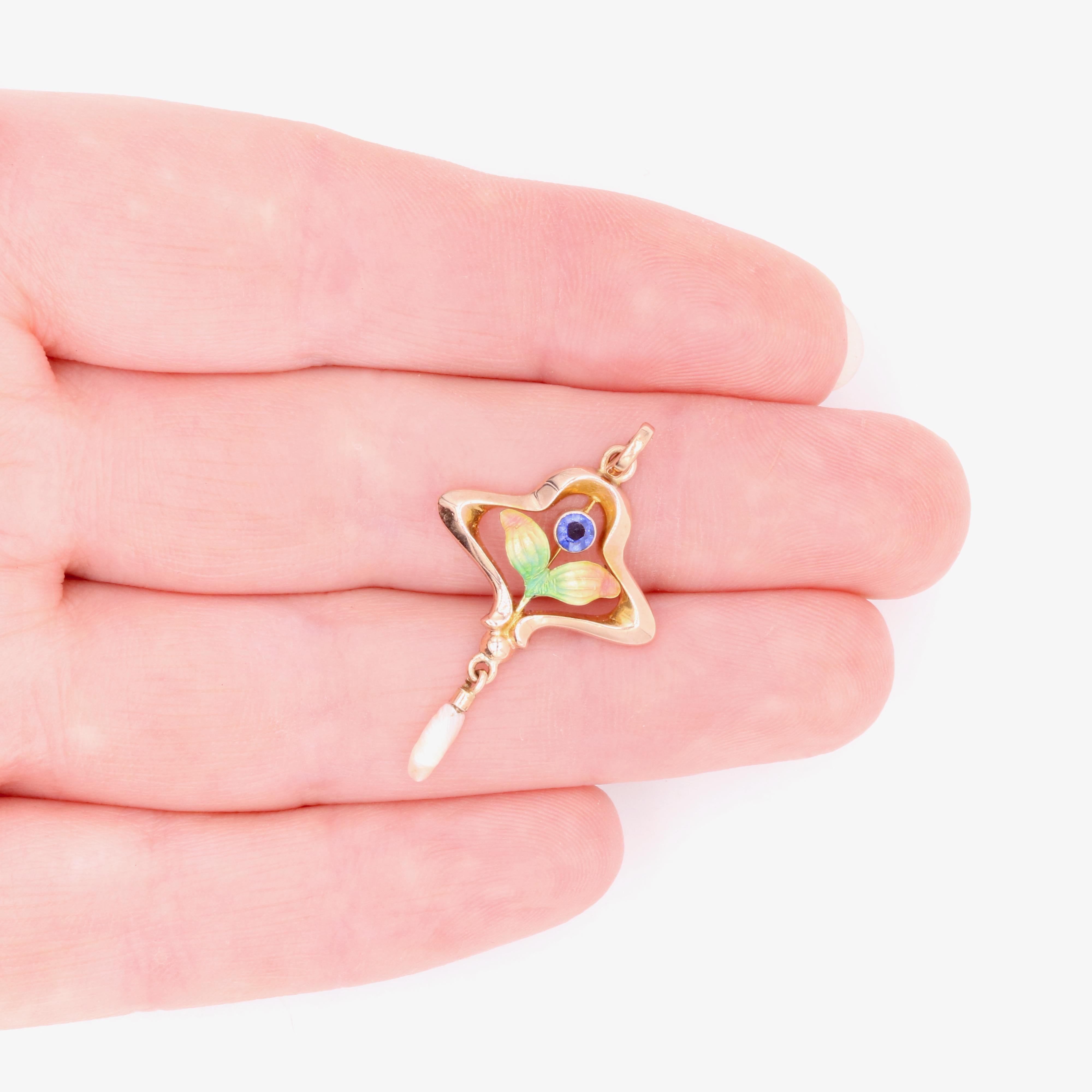 Antique Art Nouveau 9K Yellow Gold Blue Gem, Pearl and Enamel Floral Pendant For Sale 4