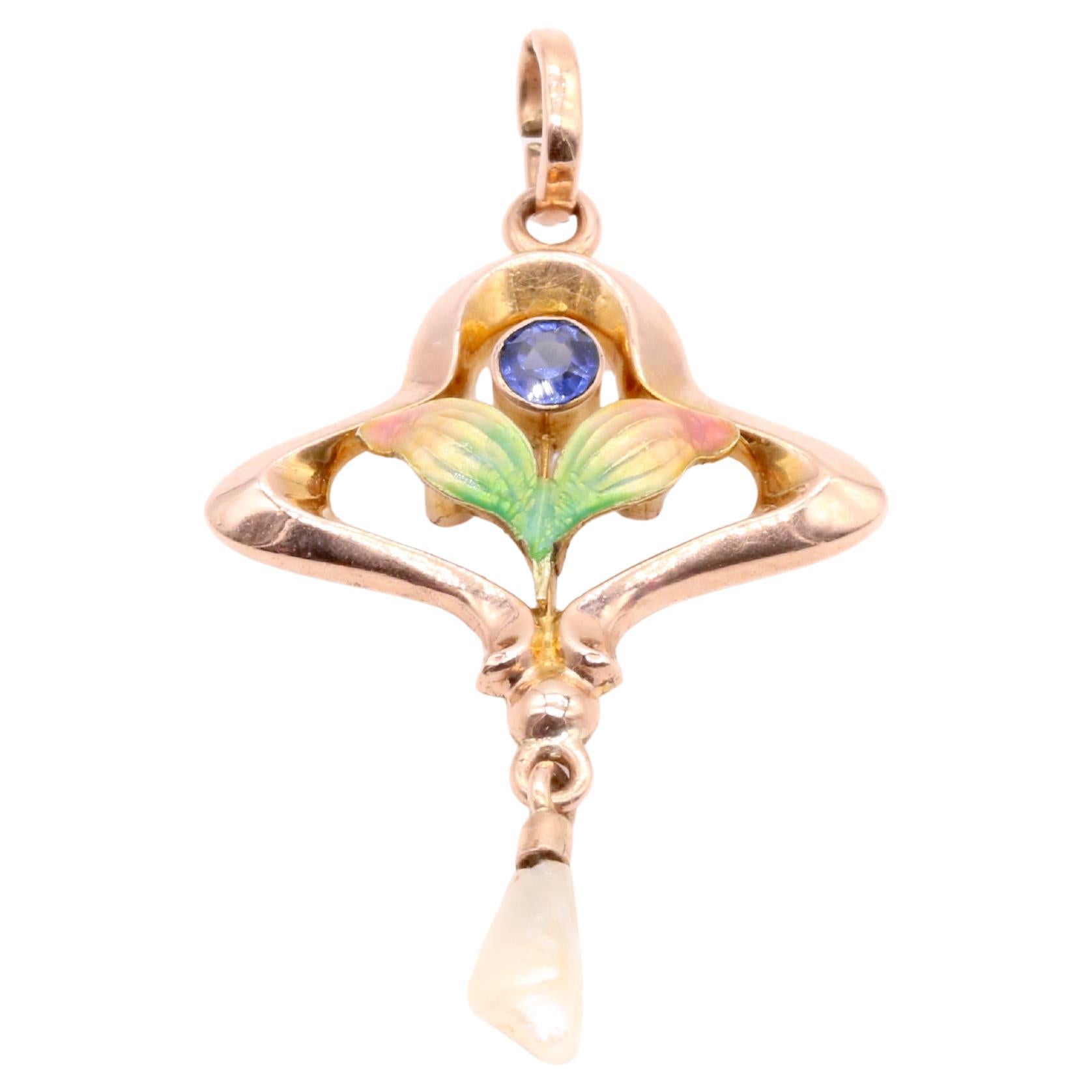 Antique Art Nouveau 9K Yellow Gold Blue Gem, Pearl and Enamel Floral Pendant