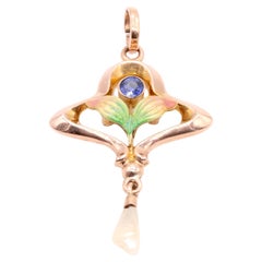 Antique Art Nouveau 9K Yellow Gold Blue Gem, Pearl and Enamel Floral Pendant