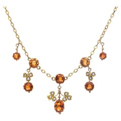 Antique Art Nouveau 9kt Yellow Gold Floral 4.65tcw Citrine and Pearl Necklace